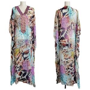 Carla‎ Christoph Houston Custom Kaftan Multicolored Animal Print Dress Medium